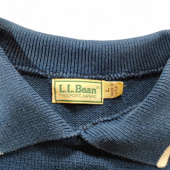 Vintage LL Bean Made in USA Knit Polo Shirt Grandpacore Preppy Navy Blue Men's L - Picture 2 of 8